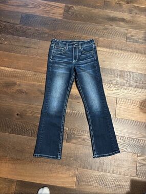 Men’s Dark Blue boot cut buckle black jeans